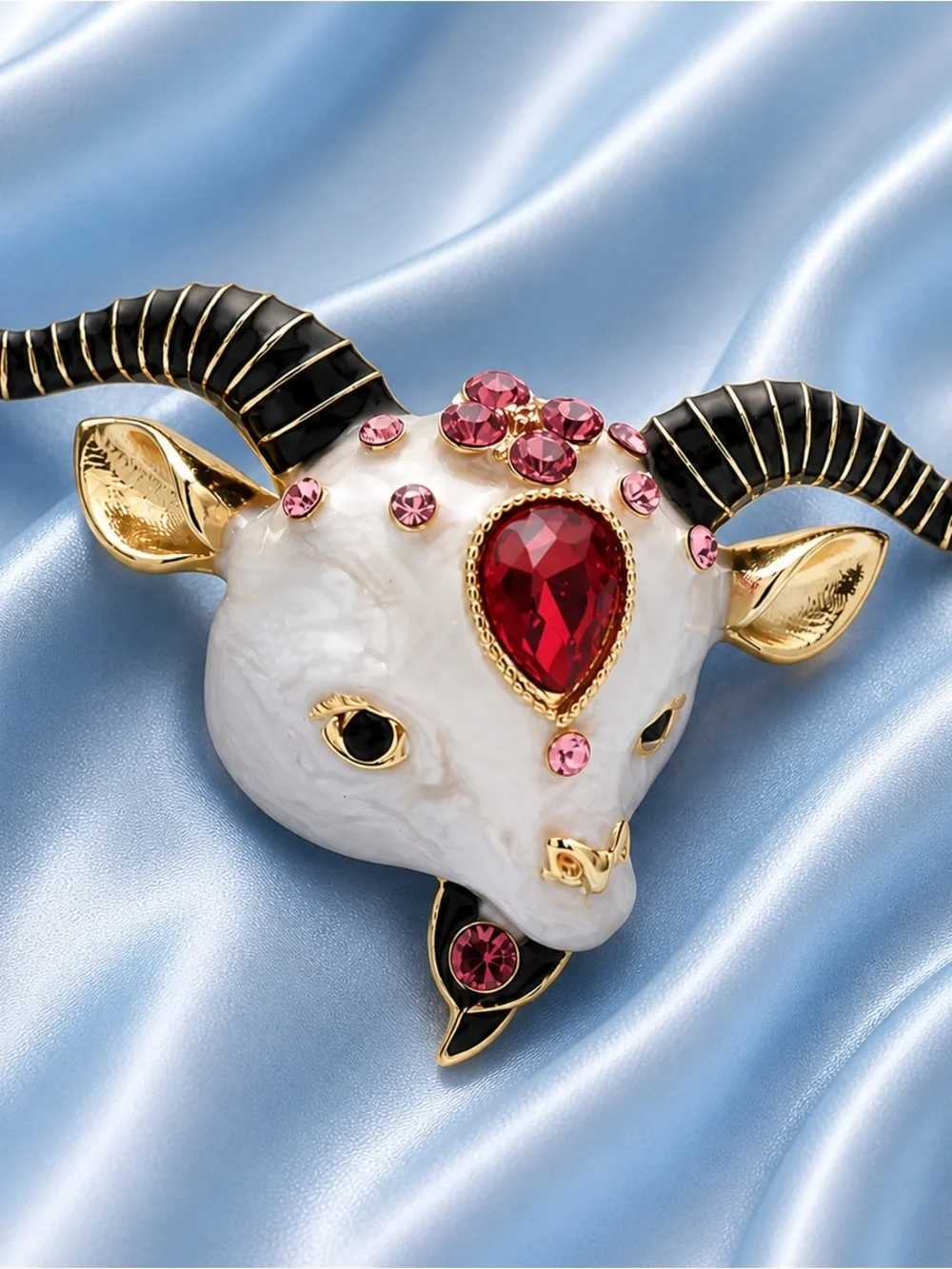 Luxury Ram Goat Head Red Ruby Crystal Brooch
